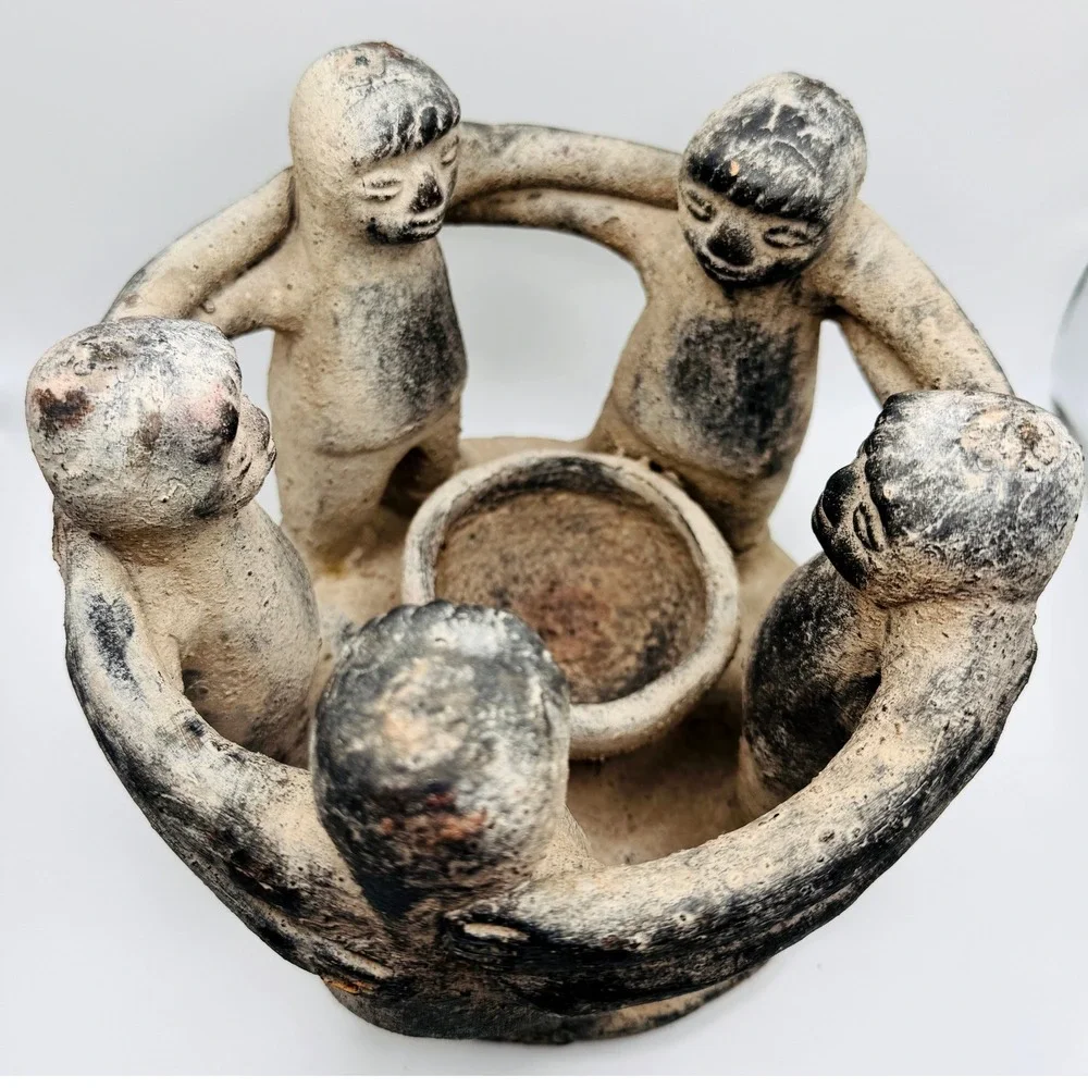 Circle of Friends Pottery Candle Holder 5 Figures Mexican Folk Art Friendship